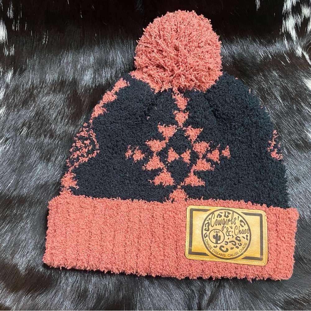 Black and Coral Aztec Beanie